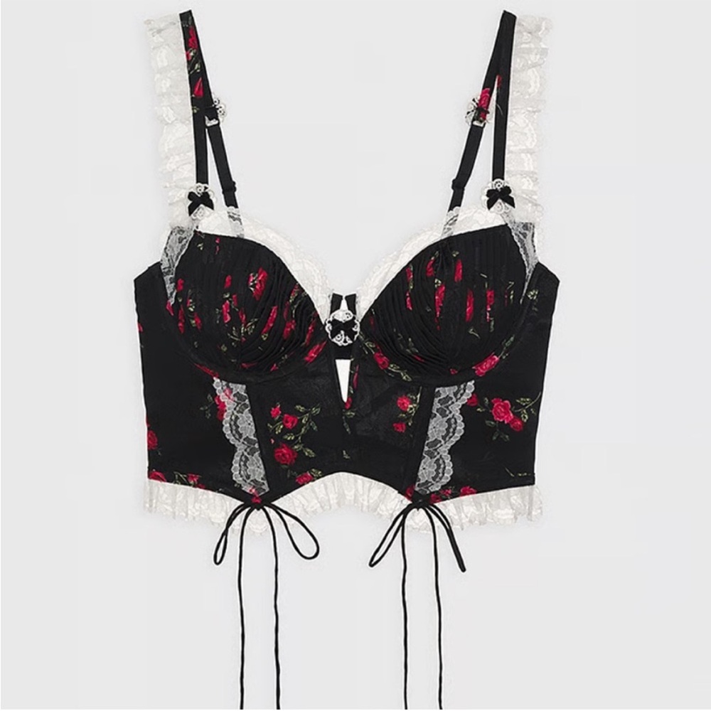 For Love And Lemons June Bustier Black with Roses (size Small-DD) - Picture 3 of 8